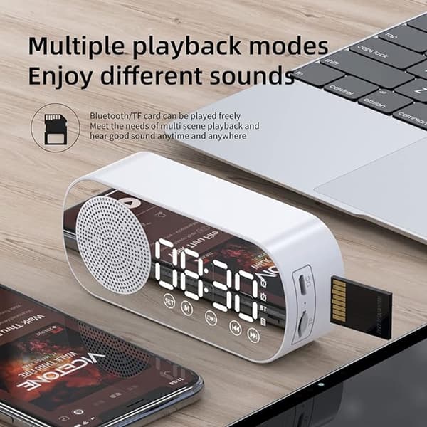 Digital Väckarklocka Bluetooth-högtalare med LED-spegeldisplay och dubbla larm för sovrummet Vit