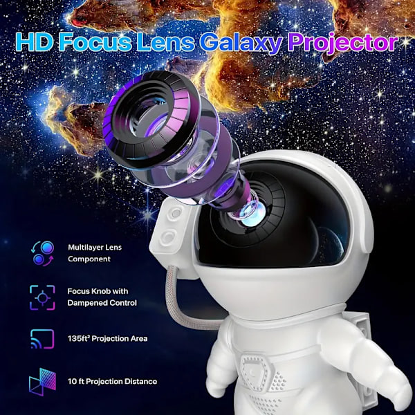 Galaxy Rocket Astronaut Projeksjonslampe med 12+1 Utskiftbare Filmer, 360° Roterende Linse - Perfekt for Stue, Soverom, Spilleområde - USB