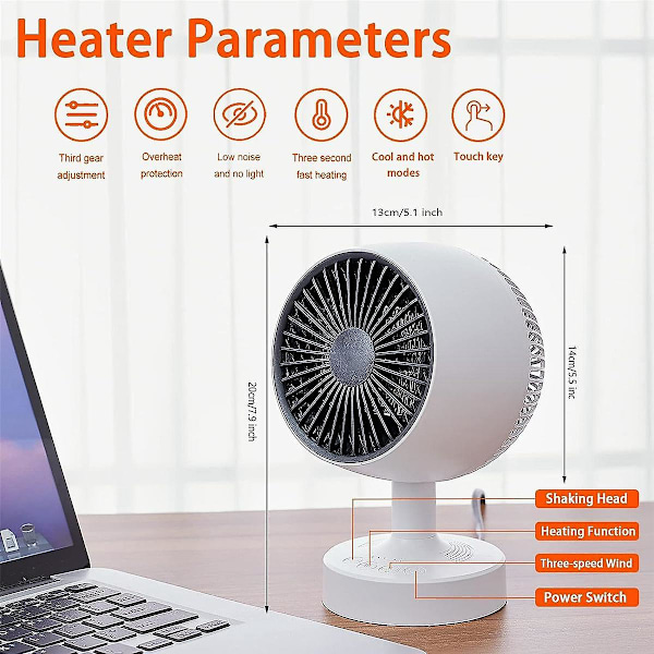 Mini Varmeovn, Romvarmer, 500W Bordvarmer for Kontor, 160° Lateral Auto Oscillerende, 3 Gir Justerbar