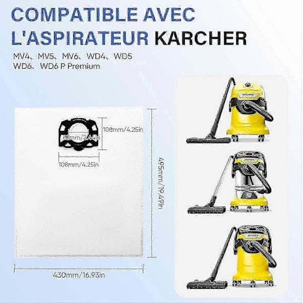 12-pack KFI 487 filterpåsar kompatibla med Kärcher WD4, WD5, WD6 dammsugare