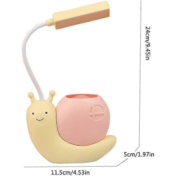 XJ-LED-skrivebordslampe for barn med pennholder, snegleform USB-lading studentlæring øyebeskyttelse lampe 360 bøybar justerbar hals gul