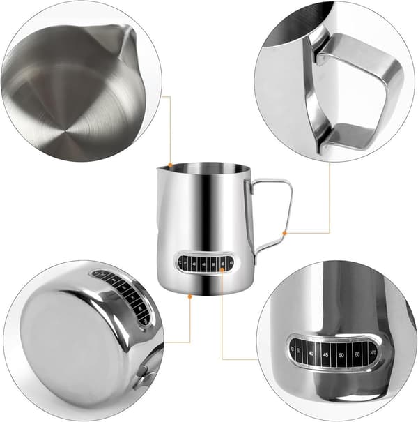 2-pak mælkeskummekander i rustfrit stål, 600 ml med indbyggede termometre, til latte art, til hjemmet og caféer, sølv