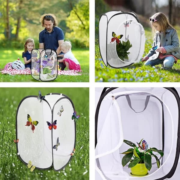 Sommerfuglehabitatbur, bærbart insektbur i polyesternet, åndbart foldbart design til børns haveopdagelse, 60 cm højt