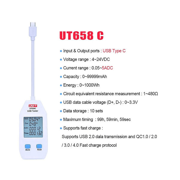 XJ-Ut658c Digitalt LCD USB Tester Detektor Spænding Strøm Oplader Effekt Kapacitetsmåler Med Datalagring