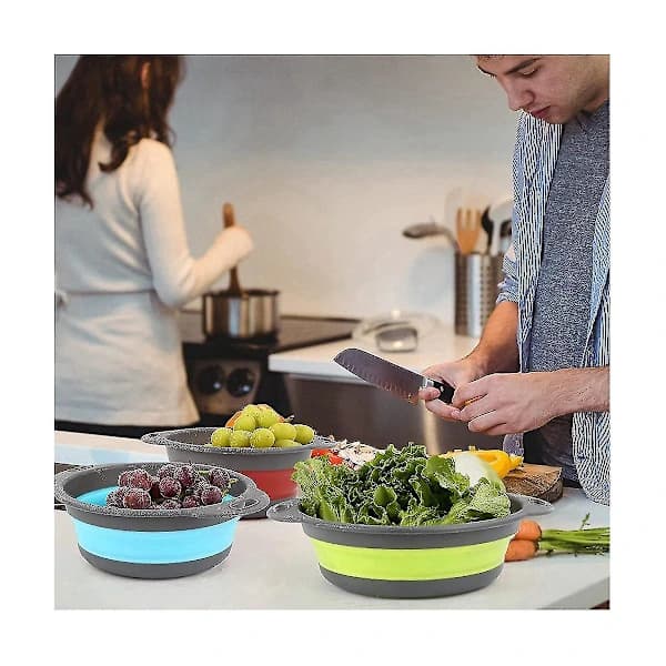 Hopfällbart durkslag, 3-pack hopfällbara set, durkslag för avrinning av pasta, frukt och grönsaker