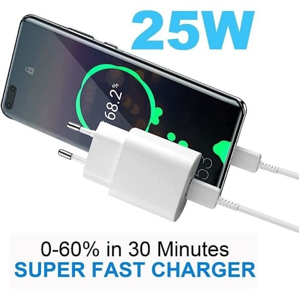 25W USB-C Hurtiglader Hvit for Samsung Galaxy A34 A32 4G-5G A54 A30 A31