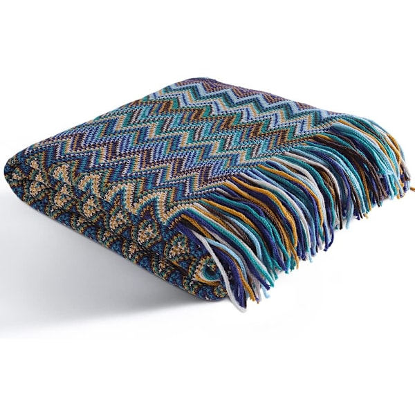 XJ-Blåstripet Fluffy Bohemsk Strikket Teppe med Dekorative Frynser, 130 * 170 cm