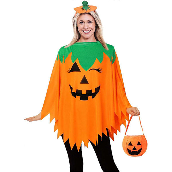 Halloween Græskar Poncho til Kvinder, Græskar Kappe Kostume med Hårbånd og Slikpose