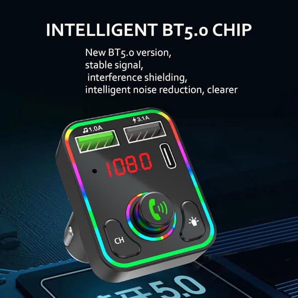 Bluetooth FM-transmitter til bil med støjreduktion, håndfri opkald, musikstreaming, dobbelt USB-oplader, LED-display, sort