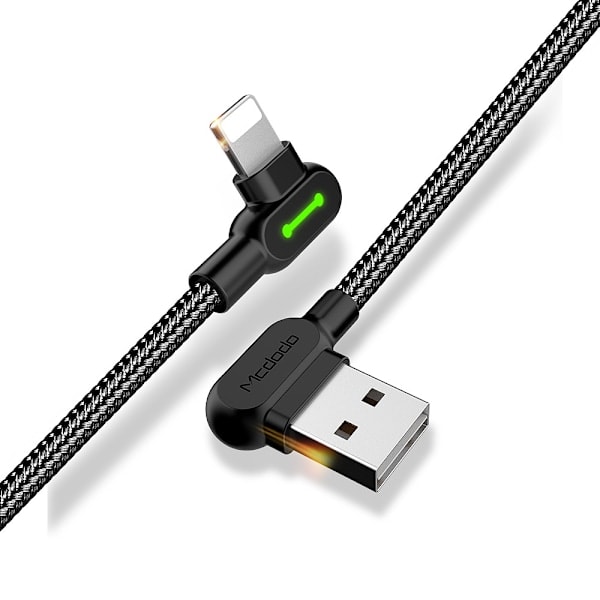 McDodo CA-4673 Vinklad Lightning-kabel, LED, 2A, 1.8m, svart