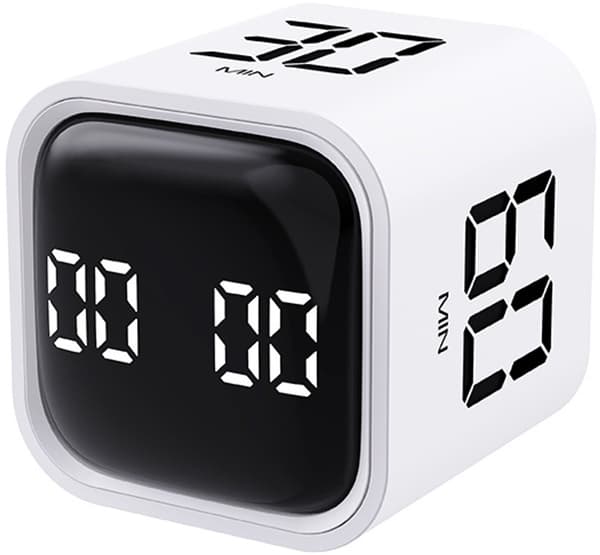 Pomodoro-timer, roterende kube-nedtellingstimer med USB-C oppladbart batteri og magnetisk base for studier, kjøkken, kontor, hvit