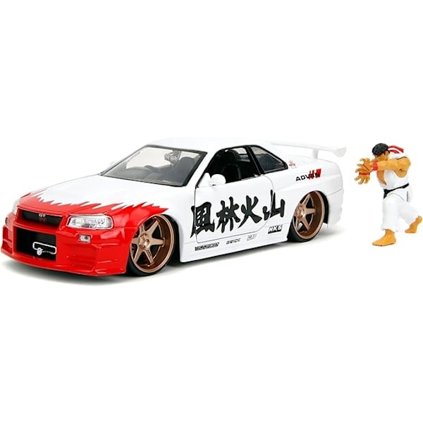 Street Fighter Nissan Skyline GTR Støbt Bil med Ryu Figur, Skala 1:24