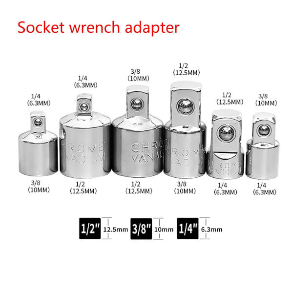1/4\" 3/8\" 1/2\" Skraldenøgle Adapter Krom Vanadium Muffe Drivfatnings Konverteringsnøgle Transform Samling