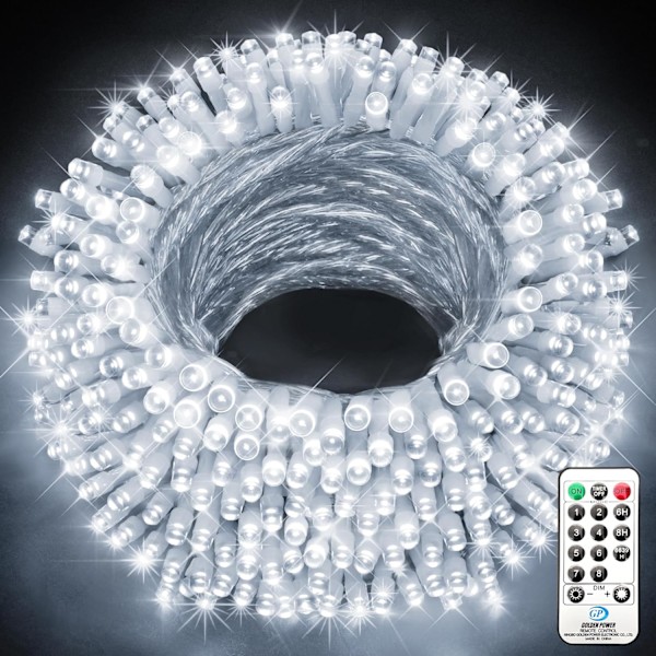 XJ-403ft 1000 LED Lyslenke Utendørs Julebelysning 8 Moduser & Timer Kald Hvit