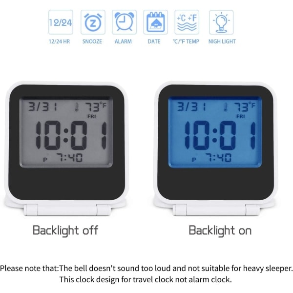 Liten digital reseväckarklocka, batteridriven mini-reseklocka med bakgrundsbelysning, bärbar hopfällbar mini-fickkalender temperaturklocka (vit)