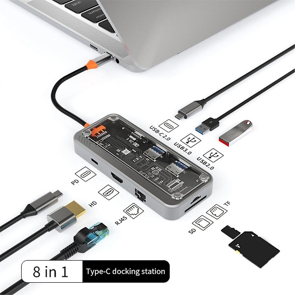 XJ-USB-C Hub 8-i-1 Typ-C 3.1 till 4K Adapter 5GB RJ45 SD/TF Kortläsare Hub USB 3.0 100W PD Snabbladdning