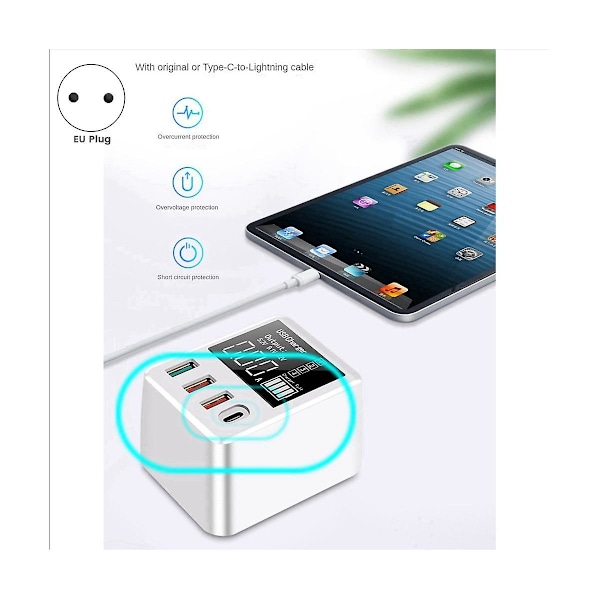 XJ-4 Port Hurtiglader USB Smart Identifikasjonsdisplaylader Qc3.0/pd20w EU-plugg