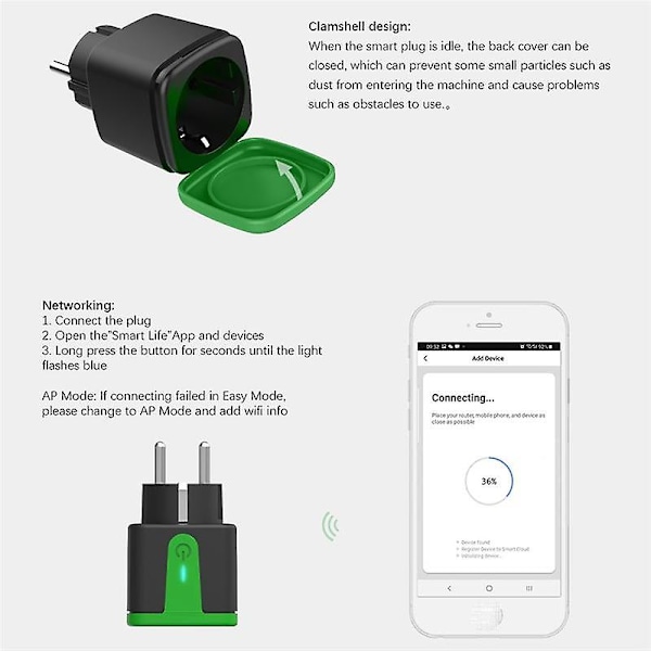 XJ-Utendørs smartplugg, 16A WiFi fjernkontroll smart kontakt med strømovervåkingsfunksjon, for Smart Life Alexa EU-kontakt