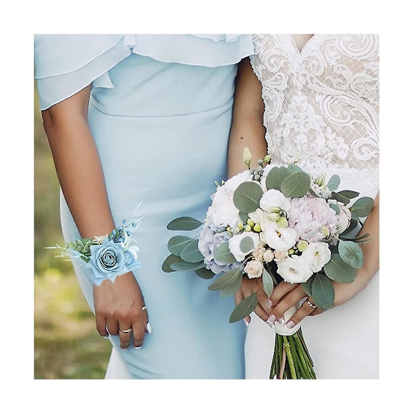 XJ-4 stk. Støvet Blå Corsage og Boutonniere Sæt, Kunstige Blomster Armbånd til Prom
