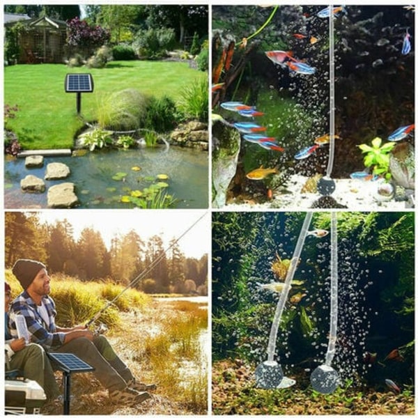 Solardriven syrepump 6 V 2 W med 2,4 m slang och 2 luftstenar - För akvarium, pool, damm - Syresättare