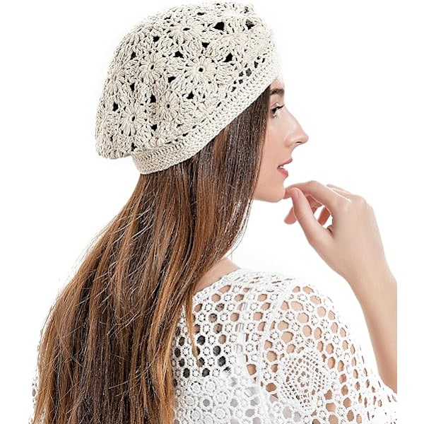 XJ-Dam Sommar Stickad Basker Handgjord Virkad Utskuren Lätt Slouchy Hatt