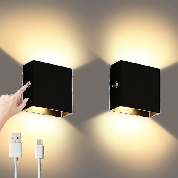 2 stk. Dimbar Vegglamper, Oppladbare Vegglamper Touch Opp og Ned W