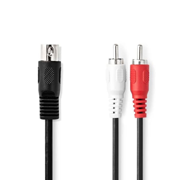 XJ-DIN lydkabel | DIN 5-Pin Hann | 2x RCA Hann | Nikkelbelagt | 1.00 m | Rund | PVC | Svart | Etikett