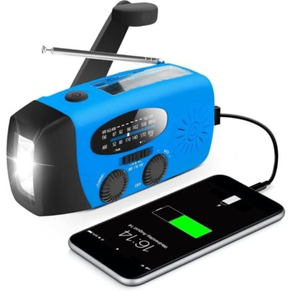 Handvevad/Uppladdningsbar/Solcellsdriven Radio med AM/FM/NOAA Väderprognos, Manuell Korkgenerator, 600mAh Mobiltelefon Power Bank, LED Flasklampa