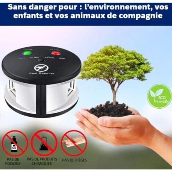 360° ultralyd repeller mot rotter, mus, gnagere, kakerlakker og insekter. Kraftige variable frekvenser, en rekkevidde på 550 m2.