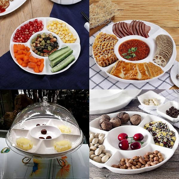 2-pack Snack Plate, 5-Compartment Plastic Plate for Fruit Snacks or Candy - 25 x 3 cm, White