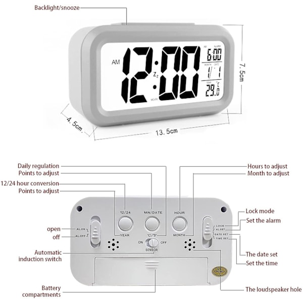 XJ-Digital väckarklocka, LED-väckarklocka med temperatur, snooze-funktion, 12/24h-omvandling, kalender, för sovrum, kontor, kök (batteridriven)