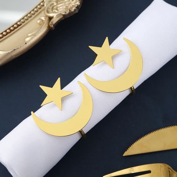 Guld servietringe sæt med 6, Ramadan-design med måne og stjerne, robust bordpynt i metal til bryllupsmiddage og Eid-banketter
