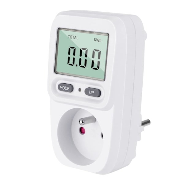 Energimåler, wattmåler, stikkontakt, strømforbruk, kontaktstyring, kWh-måler, maksimal effekt 3680 W, 16 A, for energisparing.