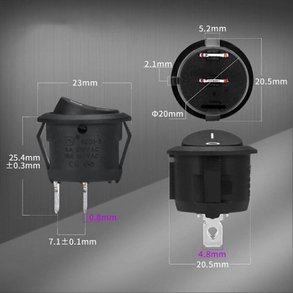 5st KCD1 Vippströmbrytare med 20MM Kabel SPST 2 Stift Rund 12V Bil RV Båt Modifiering På/Av Växelströmbrytare Ersättningskit_xi Svart 5st