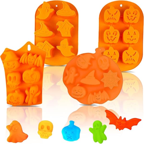 4 Halloween Bageforme - Silikone Chokoladeforme - Græskar/Kranie/Heks/Spøgelse Former - til Slik, Gelé - Orange