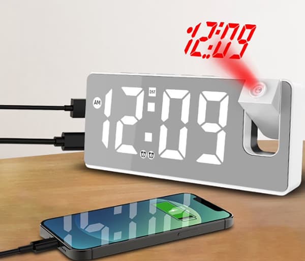 Digital projektionsväckarklocka med dubbla alarm, snooze och stor LED-display för sovrum, barn, äldre, gråvit