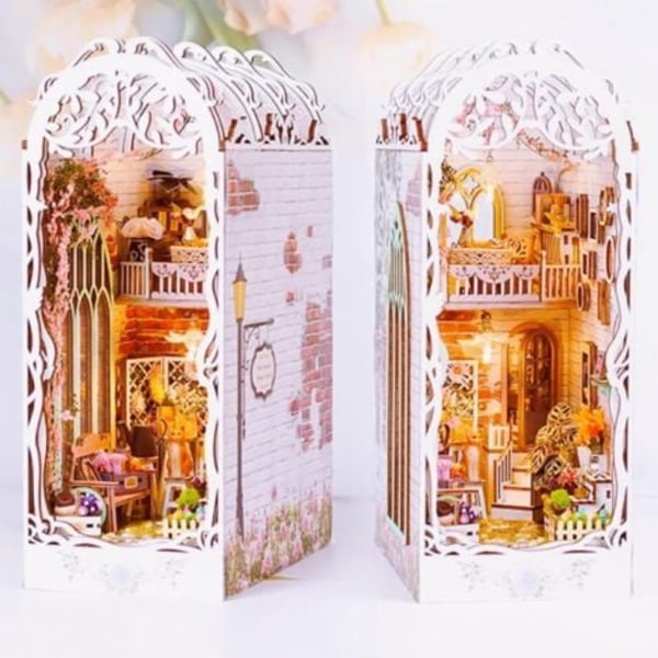 DIY Boghjørne Sæt, Miniature Havehus, 3D Træ Boghjørne Puslespil, Fødselsdagsgaver til Teenagere og Voksne, Valentinsdagsgaver (Blomsterrum Boghjørne)
