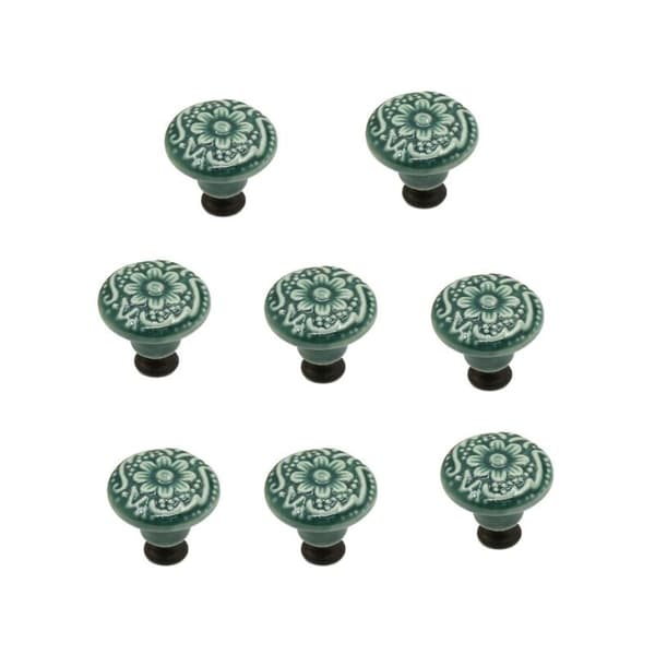8 Green Floral Ceramic Cabinet Door Knobs, Solid Wood Furniture Wardrobe Handles, Single Hole Drawer Pulls