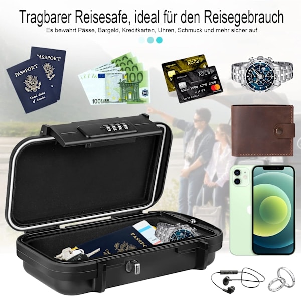 Portable Safe with Combination Lock, Waterproof Security Box with Detachable Cable (Black)