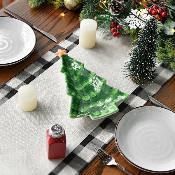 Vattenfärg Buffalo Plaid Julgranar God Jul Bordslöpare, Säsongsbetonad Vintersemester Kök Matsal Bordsdekoration för Inomhus Utomhus