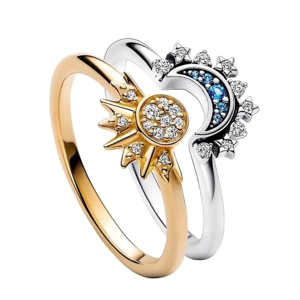 Celestial Sol og Måne Ringsett, Glitrende Sol Måne Ring med 14k Gull/Sølvbelegg