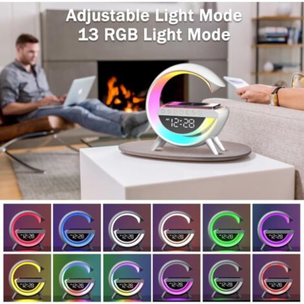 Trådlös laddare, väckarklocka, dimbar stämningsbelysning, smart skrivbordslampa med Bluetooth-högtalare, 13 belysningslägen för vuxna, barn, kontor, sovrum