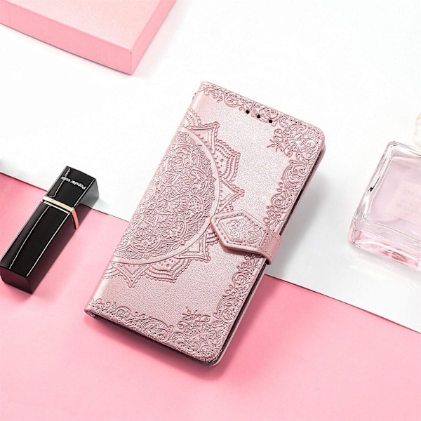 Fodral till Realme 7 Pro - Läderplånboksfodral med präglad mandala, magnetisk stängning, flipskydd, stötsäkert - Roséguld