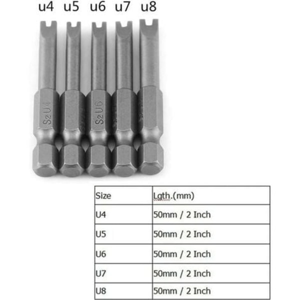 5 kpl 50 mm U-muotoisia ruuvimeisselikärkiä S2-terässeosta 1/4\" kuusiovarsi U-muotoinen magneettinen ruuvimeisseli