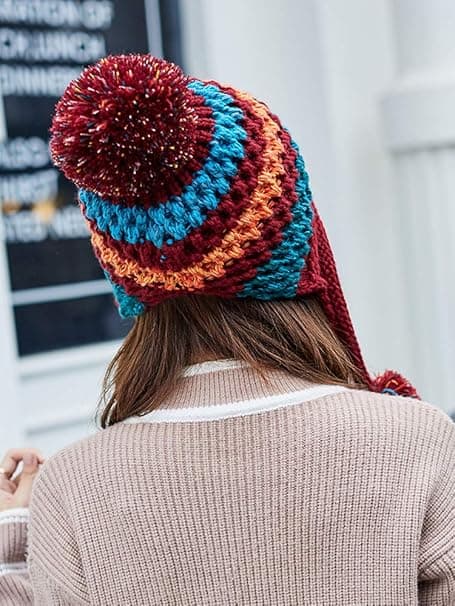 Dame Vinterstrikket Hue med Øreklapper og Pompon