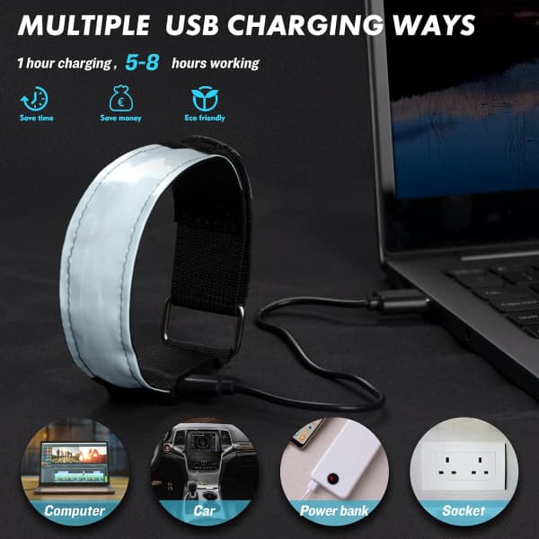 Oppladbart LED-armbånd, 2-pakning USB-reflekterende lysstriper for barn, for jogging, løping og sport