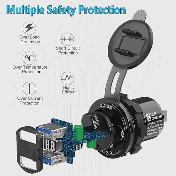 Char 3.0 Dobbel 12V USB Billader, Uttak Med S Knapp Rød Digital Voltmeter
