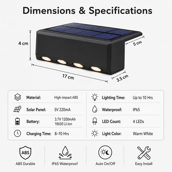 Sæt med 4 4-LED Solar Hegnslamper, Lyse Varme Udendørs Dækslamper, Sort 4 lights (warm light) Four packs