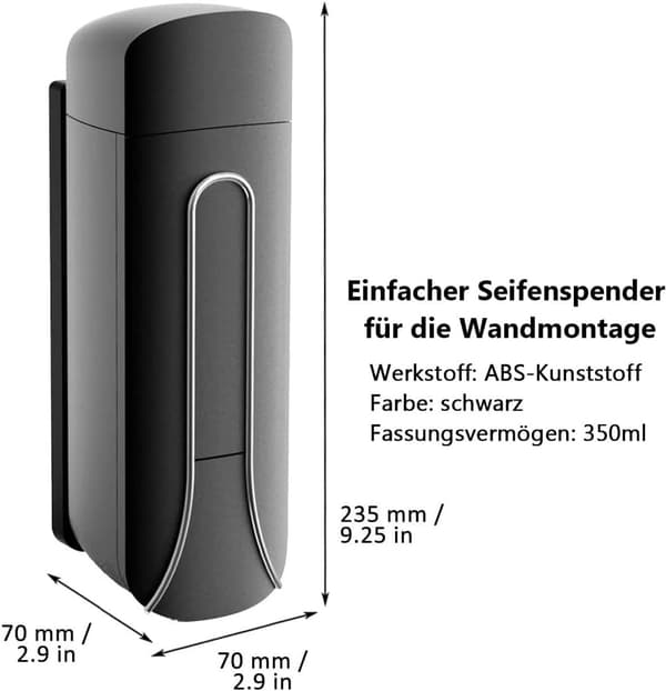 Väggmonterad tvåldispenser, 350 ml ABS-plast, läckagefri design för badrum, dusch, kök, svart