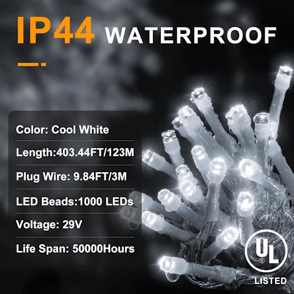 XJ-403ft 1000 LED Lyslenke Utendørs Julebelysning 8 Moduser & Timer Kald Hvit